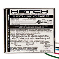 Hatch MC70-1-J-UNNU - 70 Watt - Electronic Metal Halide Ballast - ANSI M98/M139/M143 - 120/277 Volt - Power Factor 95% - Max. Temp. Rating 176 Deg. F - Bottom Feed Mounting With Studs