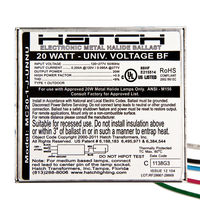 Hatch MC20-1-J-UNNU - 20 Watt - Electronic Metal Halide Ballast -Bottom Feed With Studs