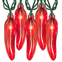 (35) Bulbs - Red Chili Pepper Lights - Length 12 ft. - Bulb Spacing 3.5 in. - Green Wire - 120V