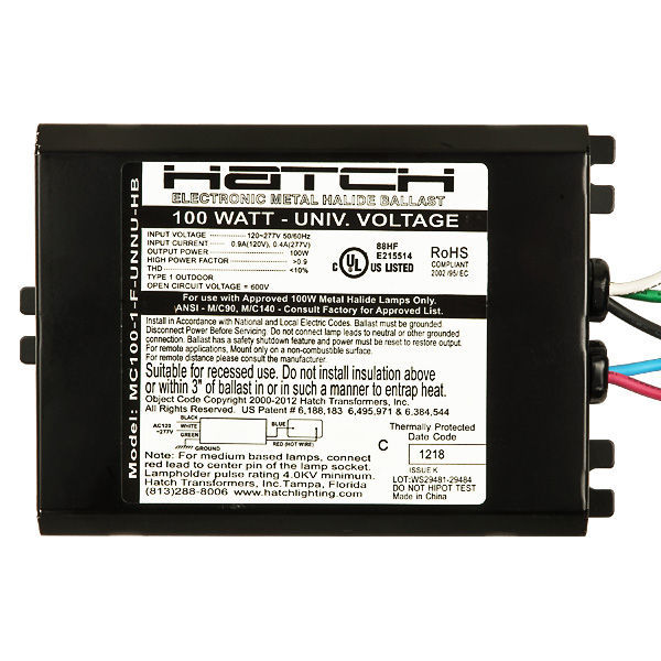 Hatch MC100-1-F-UNNU-HB - 100 Watt - Electronic Metal Halide Ballast Image