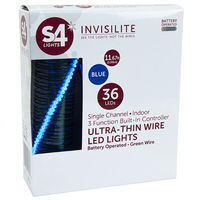12 ft. Invisilite Wire Lights - (36) Tear Drop LED's - 4 in. Spacing - Blue - Ultra Thin Green Wire - Battery Operated with Timer