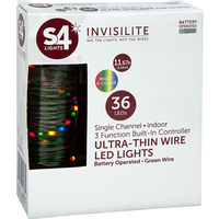 12 ft. Invisilite Wire Lights - (36) Tear Drop LEDs - 4 in. Spacing - MULTI-COLORED -  Ultra Thin Green Wire - Battery Operated with Timer