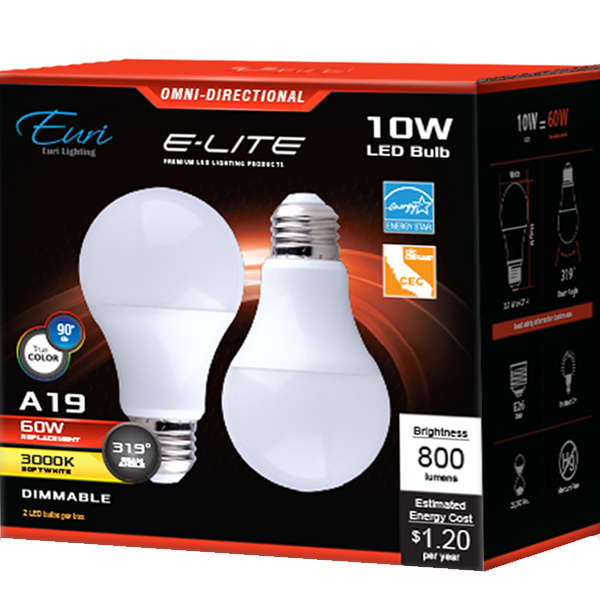 LED - A19 - 10W - 60W Equal - Euri Lighting EA19-4000cec-2