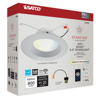 5-6 in. LED Downlight - WiFi Smart Fixture - White Tunable - 2700 Kelvin-5000 Kelvin - 10 Watt - 800 Lumens - Comes with E26 Adapter - Easy Dimming through App - No Hub Required - Smooth Baffle Trim - 90 CRI - 120 Volt - Satco S11260
