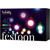 Twinkly Festoon - 66 ft. RGB LED Outdoor Patio Light Stringer - 40 RGB Bulbs - App-Controlled - Black Wire - Twinkly TWF040STP-BUS