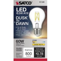 800 Lumens - 6.5 Watts - 2700 Kelvin - LED A19 Bulb with Dusk-to-Dawn Sensor - 60 Watt Equal - Medium Base - 120 Volt - Satco S11428