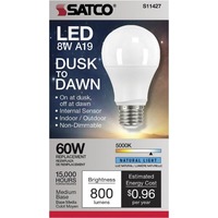800 Lumens - 8 Watt - 5000 Kelvin - LED A19 Light Bulb with Dusk-to-Dawn Sensor - 60 Watt Equal - Medium Base - 120 Volt - Satco S11427