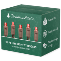 26 ft. LED Mini Lights - (50) Red 5mm Bulbs - 6 in. Bulb Spacing - Brown Wire - Case of 24 - Tangle-Free Rolls for Easy Installation - Male to Female Connection - 120 Volt- Christmas Lite Co. CMS-10027