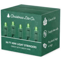 26 ft. LED Mini Lights - (50) Green 5mm Bulbs - 6 in. Bulb Spacing - Green Wire - Case of 24 - Tangle-Free Rolls for Easy Installation - Male to Female Connection - 120 Volt - Christmas Lite Co. CMS-10081