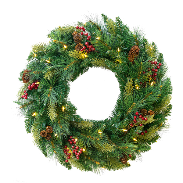 30 in. Cone and Berry Wreath - PLT-20313 - Lit