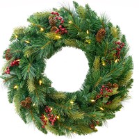 24 in. Cone and Berry Wreath - Battery Operated - Pre-Lit with Clear and Multi-Color LED Mini Lights - Indoor/Outdoor - PLT-20312