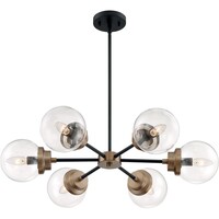 6-Light Chandelier - 30 in. Wide - Matte Black/Brass Finish - Clear Glass Shades - Axis Collection - Candelabra Base - Uses (6) Incandescent or LED Bulbs - Nuvo 60-7126